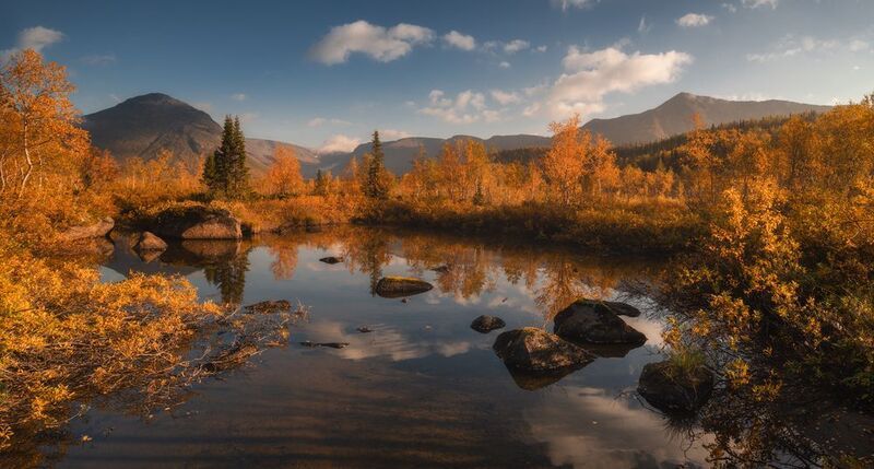 осень,кольский,север, сентябрь,хибины,рассвет,утро,пейзаж,отражение река Вудъяврйокphoto preview