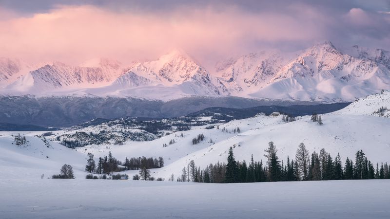 snow, mountain, outdoors, nature, winter, landscape, blue, pink, cloud, sky, sunrise, altai, рассвет, пейзаж, горы, алтай, снег, небо, природа, горный алтай Тишина и величиеphoto preview