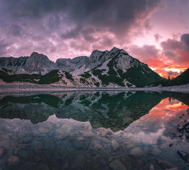 landscape, nature, scenery, summer, sunset, lake, reflection, clouds, mountain, peak, пейзаж, закат, горы, озеро Sunset on Sinanitsa Lakephoto preview