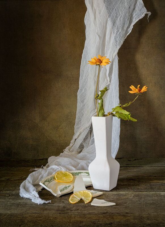ваза, цветы, дольки лимона, тряпка photo preview