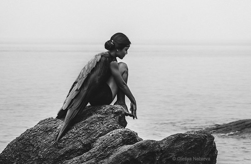 girl, sea, beauty, water, bird, ocean, rock, rocks, beautiful, black and white, woman, alone, art ,black, lonely, sadness, one, wings, angel, dream, loneliness, imagination, think, thinking, sorrow, fantasy, soul, melancholy, single, belief Listen to the soulphoto preview