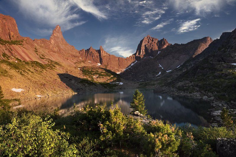 большой, вечер, вода, высокий, голубой, горы, дерево, ергаки, желтый, закат, зеленый, камни, красивый, красноярский край, озеро, оранжевый, отражение, пейзаж, природа, путешествие, размер, разрешение, саяны, сибирь, синий, скалы Озеро Горных Духовphoto preview