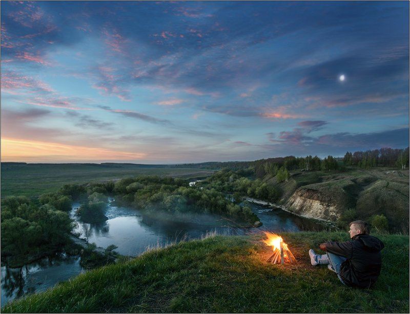 Landscape, Sunrise, Fire, Костер, Пейзаж, Река, Восход Предвосходные сумерки в долине Красивой мечиphoto preview