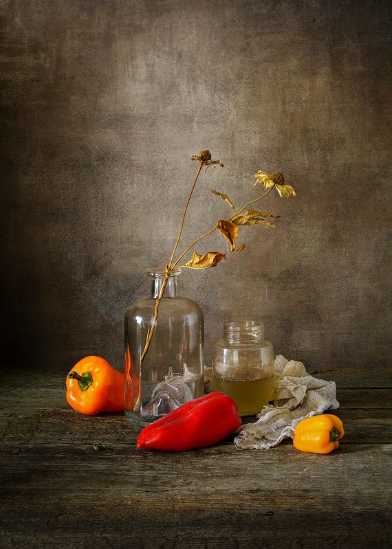 перцы, красный, бутылка, баночка, цветы, тряпка, желтый photo preview