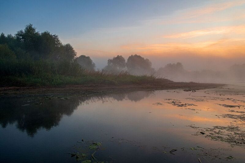 осень утро озеро туман облака отражение природа пейзаж Рассвет на озере Исток.photo preview