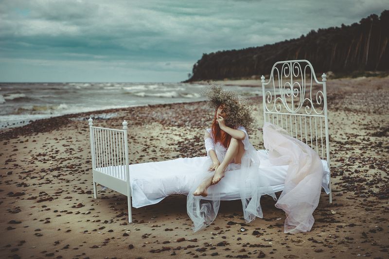 woman, portrait, fashion, beauty, outdoors Here, where the sea meets the sky, my heart unravels into salt and silencephoto preview