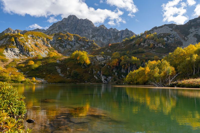 карачаево черкесия, кчр, горы, озеро, вечер, мамхурц, осень Изумрудное озероphoto preview