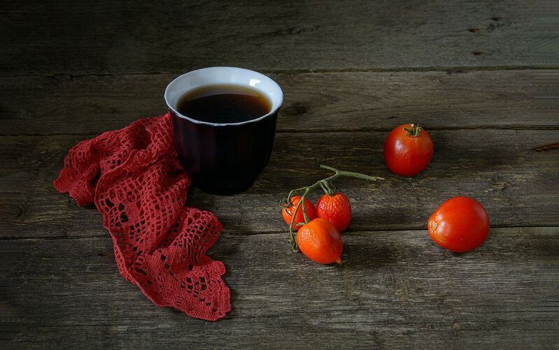 помидора, томаты, салфетка, чашка, кофе, красный, черный photo preview