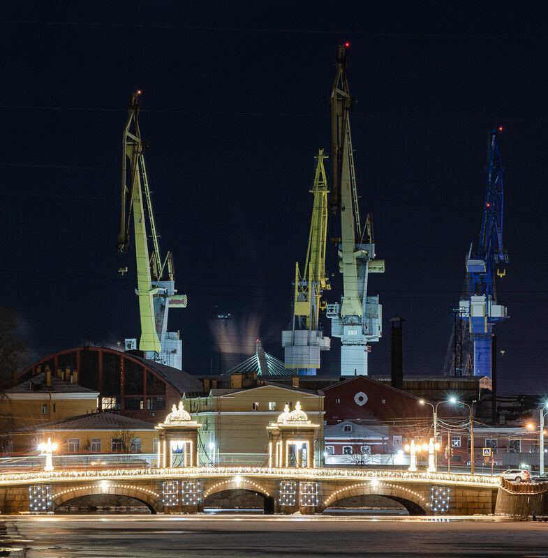 санкт-петербург, питер, петербург, спб, зима, кран, порт, мост, ночь, night, city, bridge, crane, city night, light Городской пейзажphoto preview