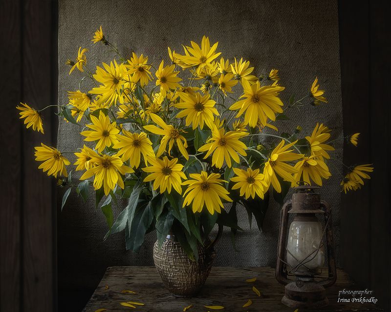 натюрморт, цветы, фонарь, рустикальный стиль, букет тапинамбура Деревенский натюрмортphoto preview