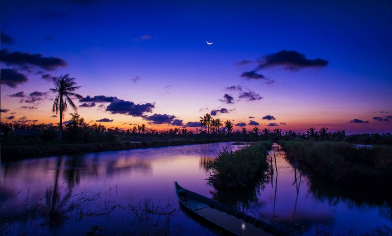 Beautiful, Boat, Ca mau, Clouds, Color, Exposure, Moon, Nice, Purple, Purple sunset, Sky, South east asia, Sun, Sunset, Tree, Vietnam, Water purple sunsetphoto preview