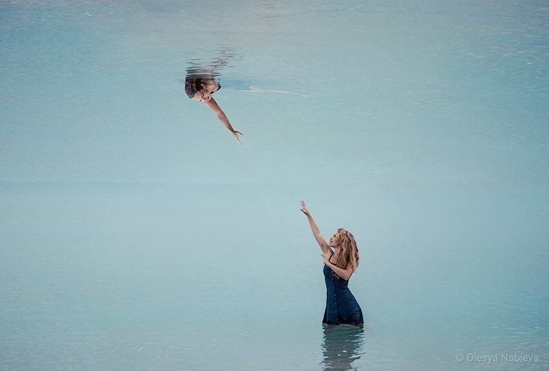 girl, water, reflection, blue, ocean, beautiful, woman, female, alone, art, surreal, mirror, mood, blonde, dream, world, imagination, arthouse, fantasy, fairy tale, twin, inside, inspiration, gravity, melancholic, magical, gravitation, two, worlds, Mystic Alter egophoto preview
