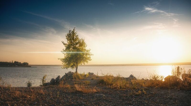 landscape, tree, river, reflection, nature, calm, peaceful, water, sky, Moldova, minimalism, silence, harmony, evening light Solitude by the Waterphoto preview