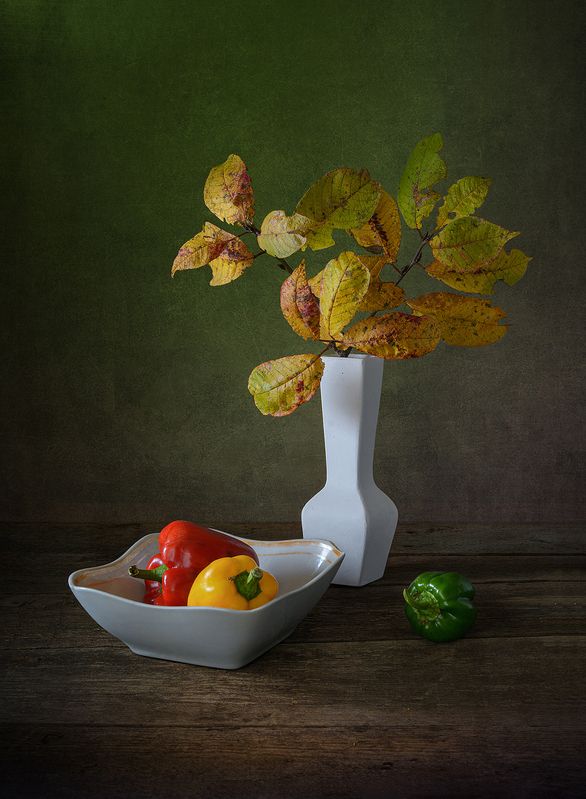 перцы, ваза, блюдо, цветной, ветка, листья, осень photo preview