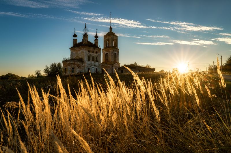 заброшка, вечер, закат, храм, кибол, владимирская область, россия, осень, православие, солнце, суздальское ополье Поездка в Киболphoto preview