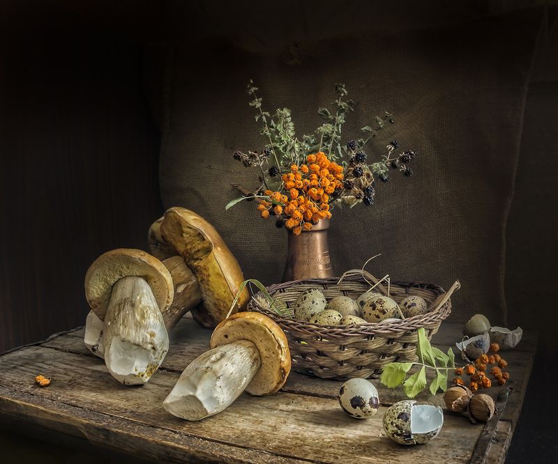 STILL LIFE, EGGS, MUSHROOMS, ORANGE COLOR, TABLE photo preview
