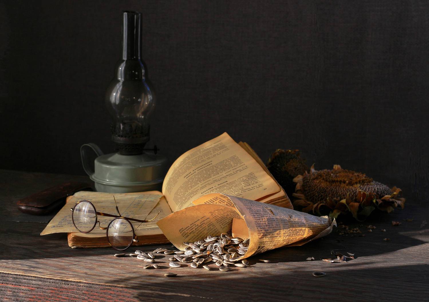 натюрморт, фотонатюрморт, still life, stillifefoto, осень, подсолнух, очки,, семечки, лампа, наталья_казанцева, Наталья Казанцева