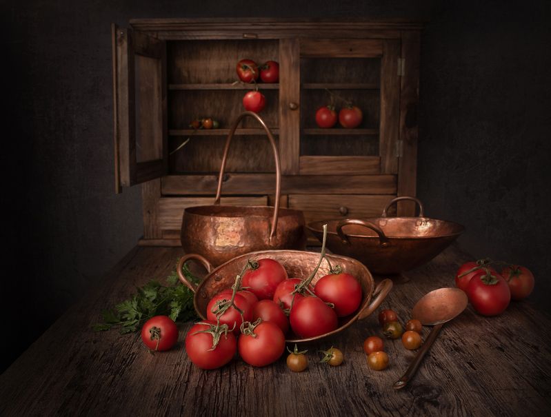 Still life, Tomatoes, red, colors, light, textures, metal Tomatoesphoto preview