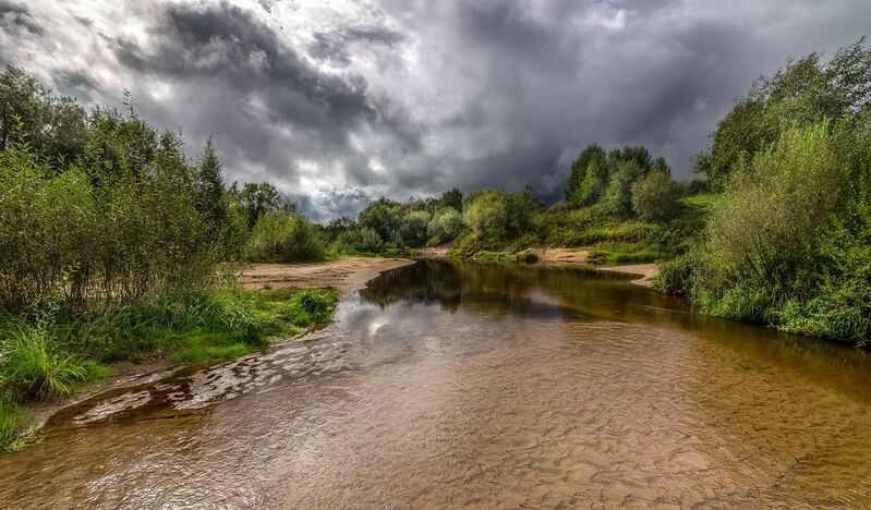 речка, брод, отмель, небо, тучи, пасмурно, кустарник, Брод. фото превью
