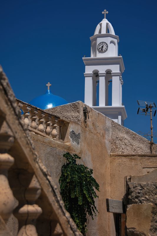 #Santorini, #Akrotiri, #Greece, #GreekIslands, #Cyclades, #AgiaTheodosia, #SaintTheodosia, #OrthodoxChurch, #PyrgosKallistis, #BlueDome, #Whitewashed, #CycladicArchitecture, #BellTower, #Campanile, #Byzantine, #StoneWall, #CastleRuins, #Kasteli, #Traditio Agia Theodosia: Blue Dome at Akrotiri\\\\\\\\\\\\\\\\\\\\\\\\\\\\\\\'s Castlephoto preview