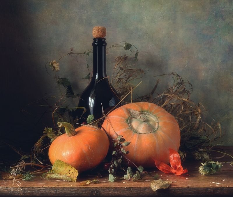 натюрморт,тыква,осень,бутылка,трава с тыквами...photo preview