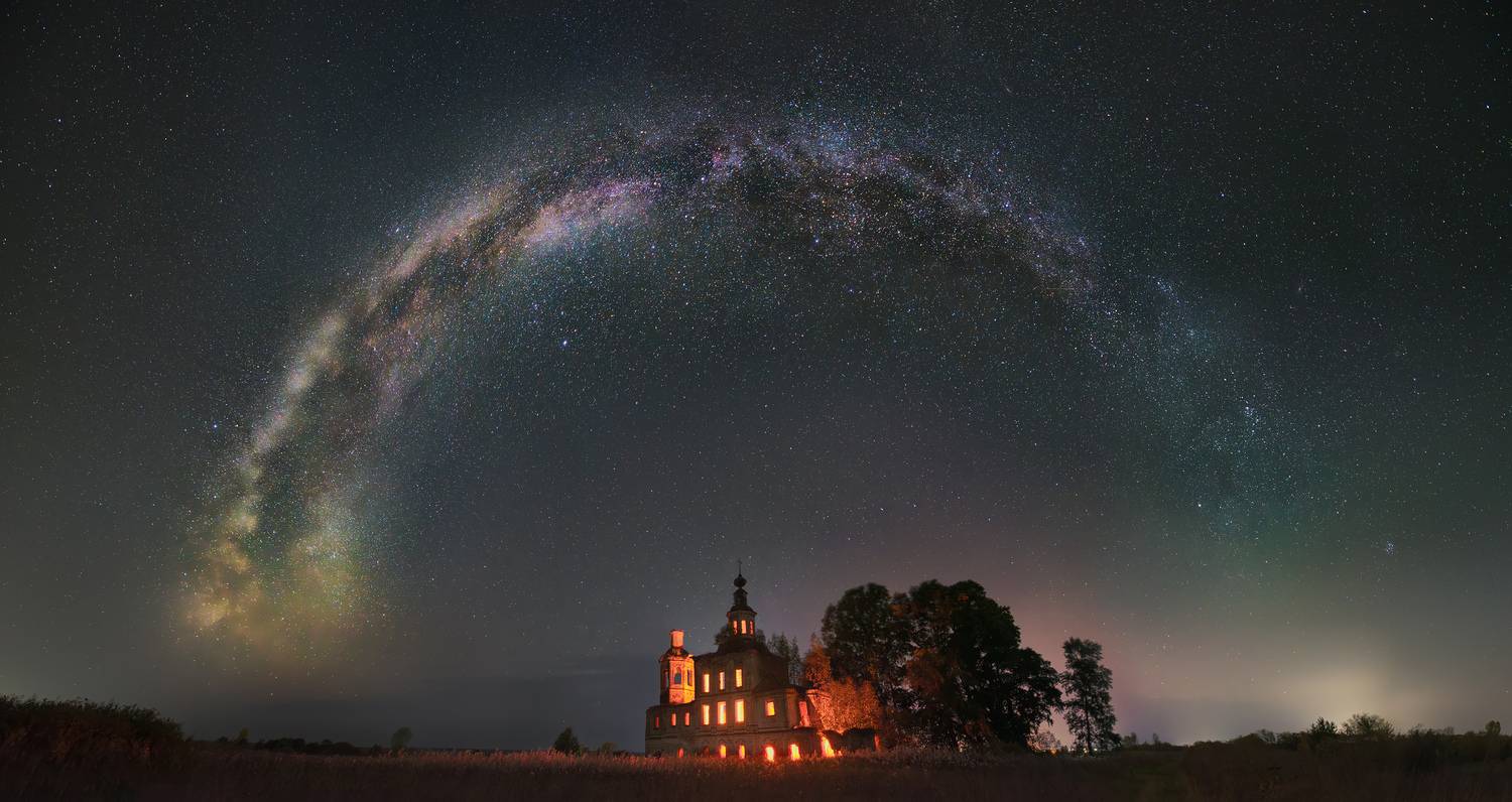 Автор: Смольский Евгений млечный путь, звезды, осень, церковь, архангельская область, Смольский Евгений