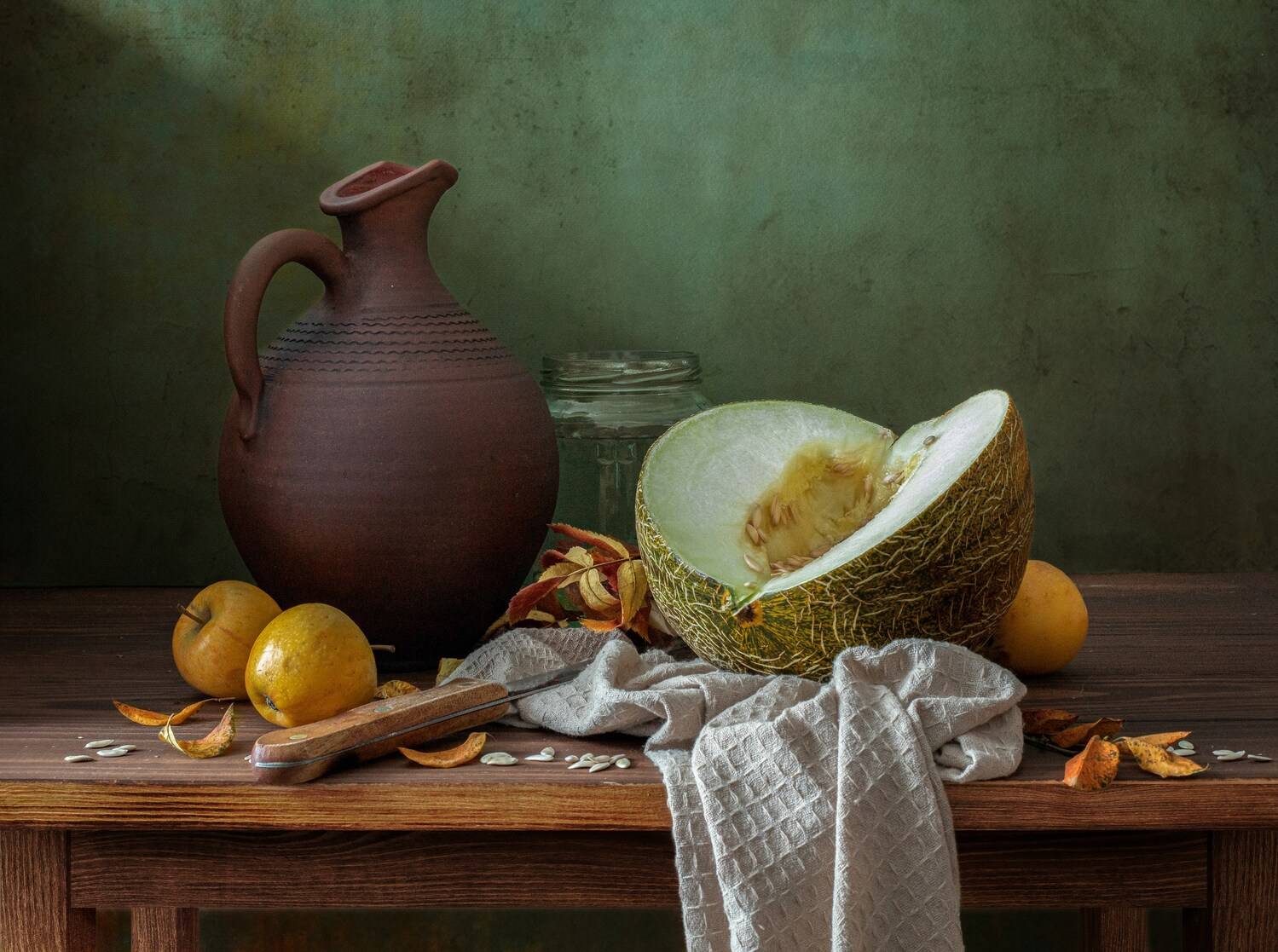 С дыней и яблоками. Автор: Ирина Зиннурова натюрморт яблоки дыня, Ирина Зиннурова