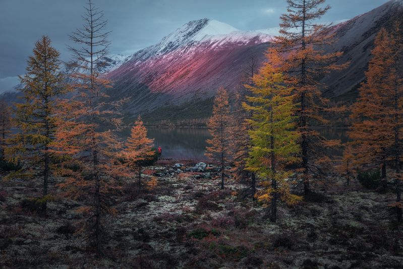 Озеро_Юг пейзажи_Колымы Магаданская_область Колымские_пляжи горная_система_Черского отражения хребет_Оханджа Ранним утром на озереphoto preview