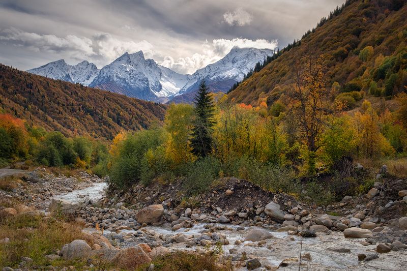racha, fall, autumn, mountains, rocks, yellow, red, clouds, sky, nature, landscape, scenery, travel, outdoors, georgia, sakartvelo, chizh Gona In Yellow And Redphoto preview