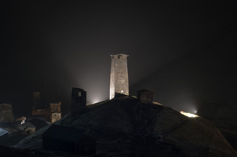 svaneti, ushguli, ushgulivillage, cold, tower, fog, mist, snow, mountain, nature, landscape, scenery, travel, outdoors, georgia, sakartvelo, chizh Queen Tamar Castle Over Stormphoto preview