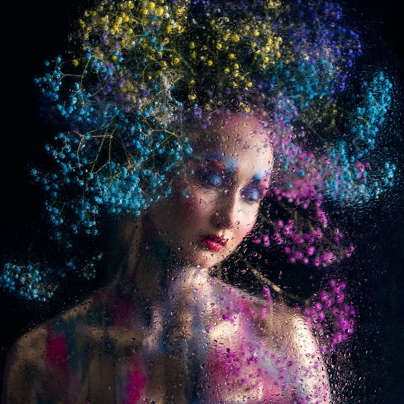abstract portrait, artistic photography, blooming colors, conceptual art, dreamlike mood, emotional expression, fantasy styling, floral crown, impressionistic style, painterly effect, poetic vision, surreal portrait, symbolic imagery, water droplets Through the Rain of Memoryphoto preview