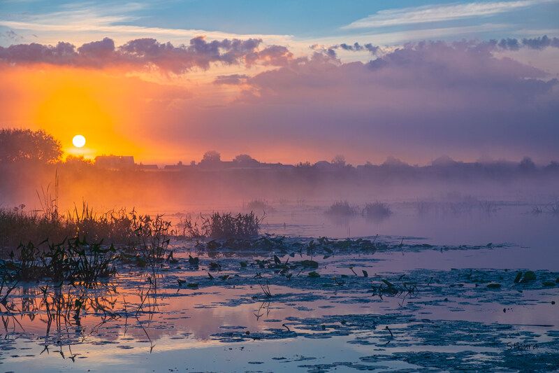 лето озеро облака рассвет туман природа пейзаж Рассвет на озере.photo preview