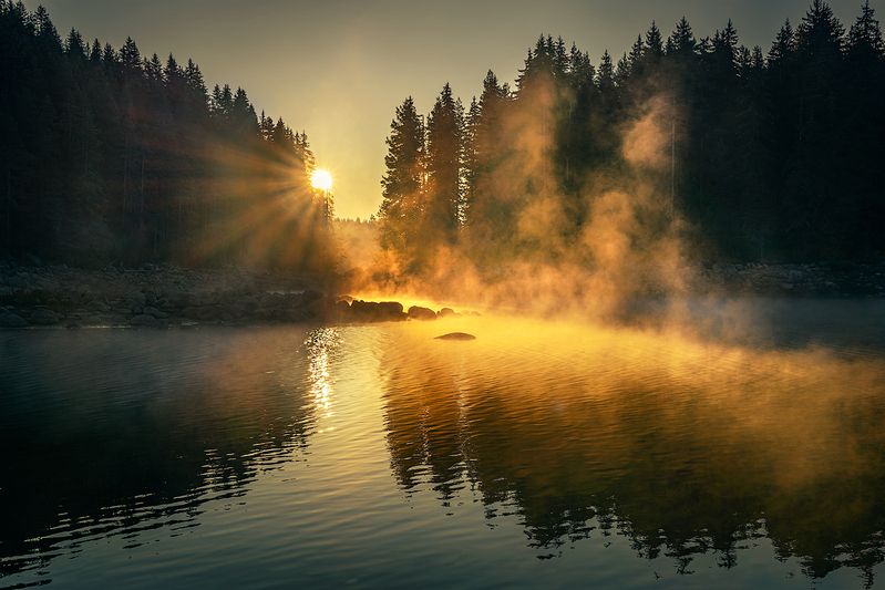 landscape, nature, scenery, summer, sunrise, morning, dawn, lake, reflection, fog, foggy, mist, misty, clouds, mountain, trees, пейзаж, рассвет, горы, озеро When the curtain rises / Когда занавес поднимаетсяphoto preview