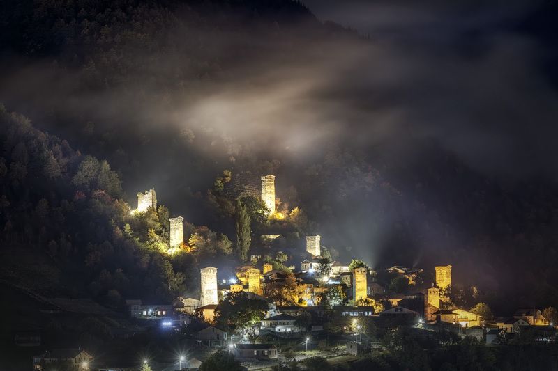 svaneti, mestia, town, towers, snow, snowfall, winter, january, mountains, nature, high, landscape, scenery, travel, outdoors, georgia, sakartvelo, caucasus, chizh Mestia Towers In Autumn Nighphoto preview