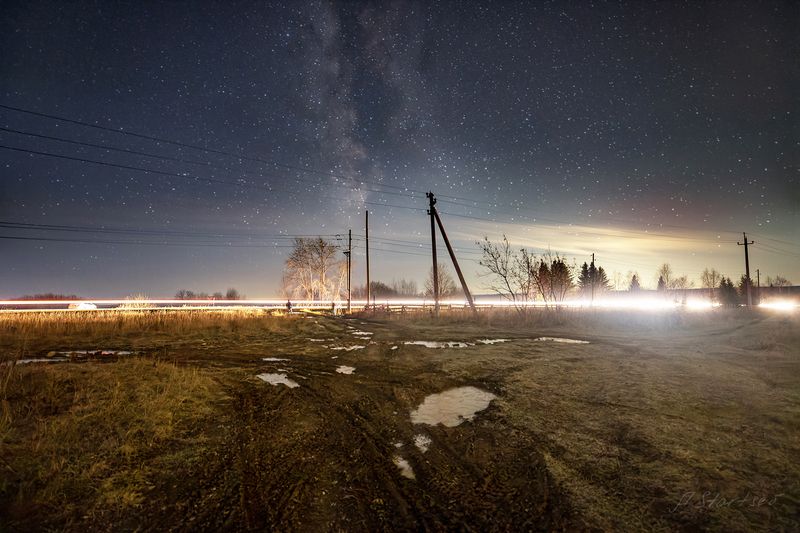 ночь, звезды, небо, млечный путь, пермский край Млечный Путь над дорогойphoto preview