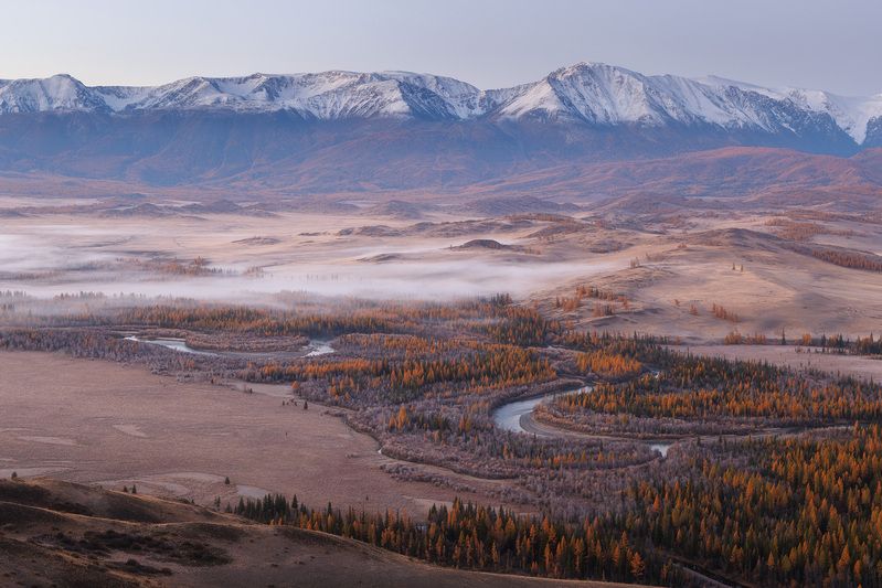 алтай, горный алтай, курай, курайская степь, горы, рассвет, туман, степь Курайская степь фото превью