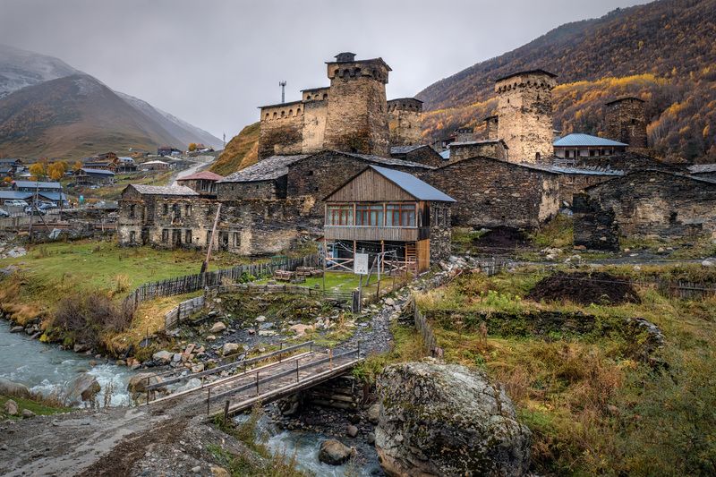 svaneti, ushguli, village, ushgulivillage, rain, overcast, cold, tower, fog, river, mountain, landscape, scenery, travel, outdoors, georgia, sakartvelo, chizh Ushguli In Overcast Weatherphoto preview