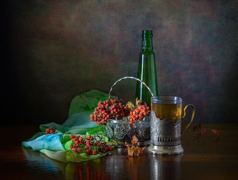 стакан, рябина, подстаканник, чай, бутылка, ваза photo preview