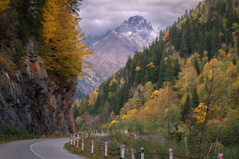 racha, lechkhumi, road, fall, autumn, forest, trees, yellow, mountains, rocks, clouds, sky, nature, landscape, scenery, travel, outdoors, georgia, sakartvelo, chizh October Road To Koruldashiphoto preview