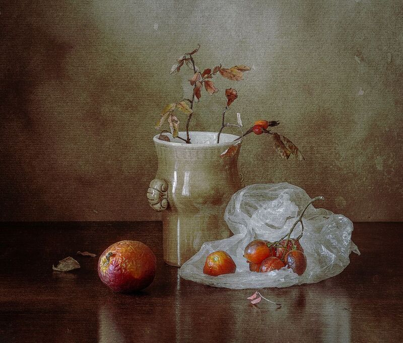 яблоко, помидоры, ваза, ветки, осенние листья, ягоды шиповника photo preview