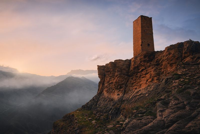 nature, outdoors, mountains, landscape, sunset, tower, cliff, caucasus, пейзаж, закат, горы, дагестан, гоор, башня Забытый стражphoto preview