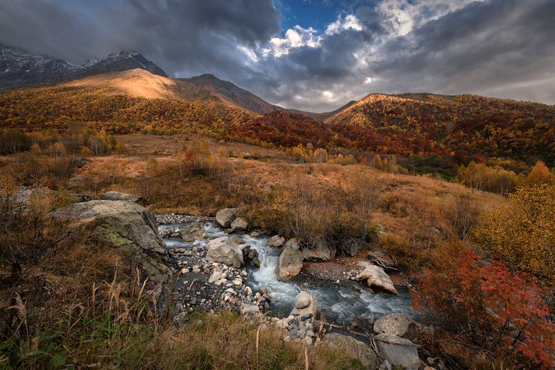 racha, lechkhumi, koruldashi, river, fall, autumn, forest, trees, yellow, red, mountains, rocks, clouds, sky, nature, landscape, scenery, travel, outdoors, georgia, sakartvelo, chizh Fall In Koruldashiphoto preview