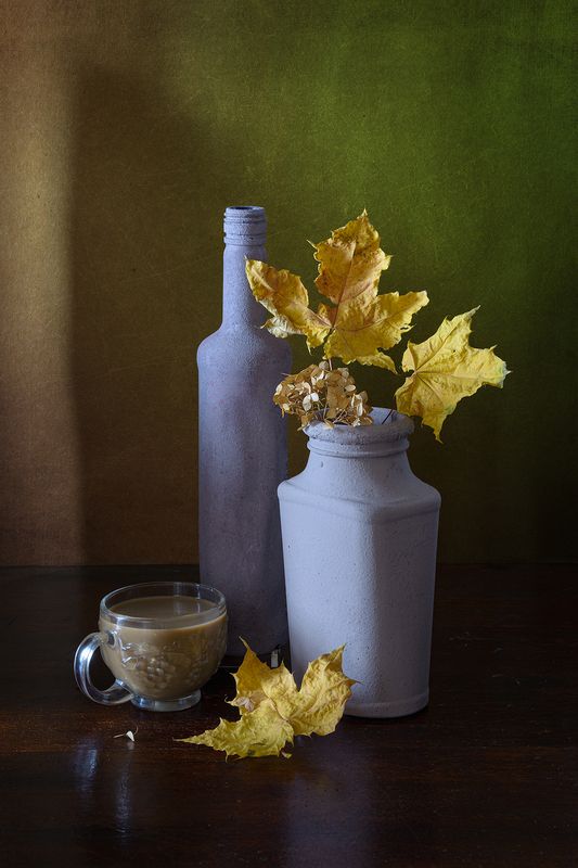листья, бутылка, банка, кофе, чашка, клен, желтый photo preview
