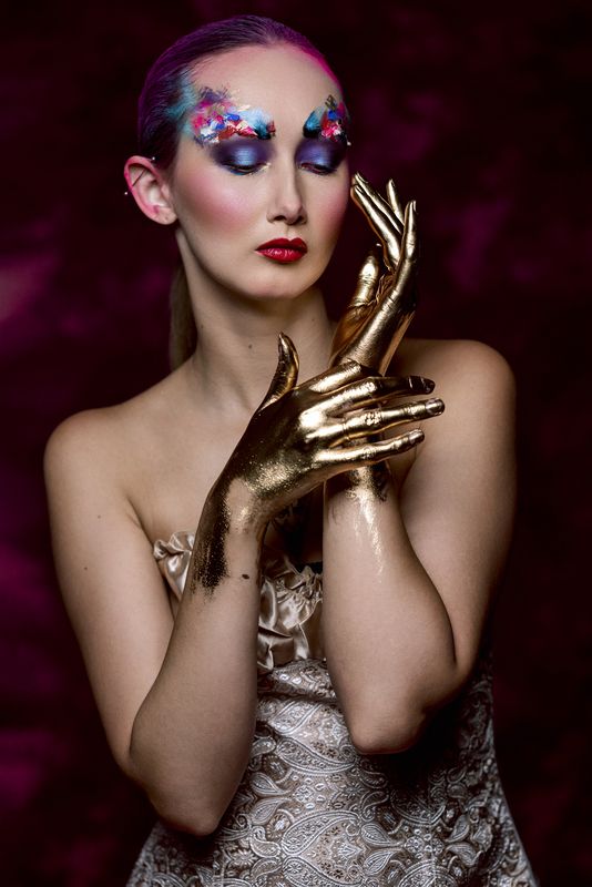 artistic expression, avant garde, color harmony, contemporary glamour, dreamlike atmosphere, elegant style, fantasy makeup, fine art portrait, gold paint, painterly lighting, portrait photography, romantic elegance, sensual grace, surreal beauty The Alchemy of Silencephoto preview