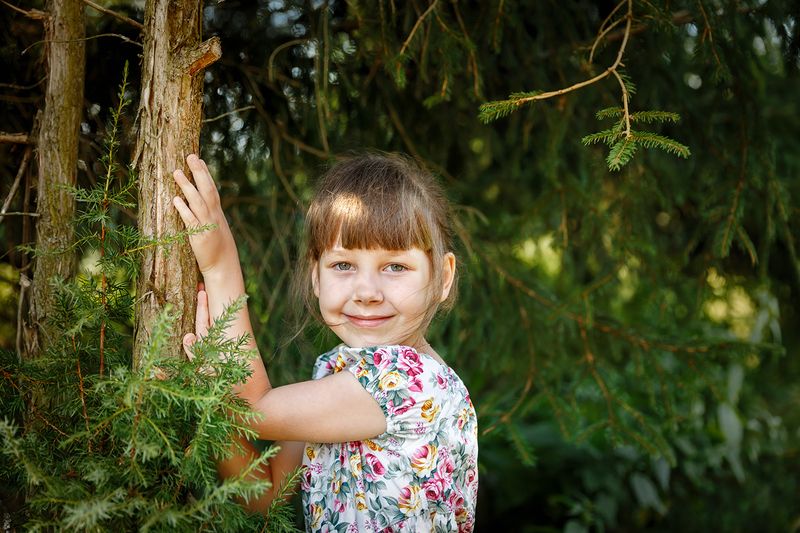 Девочка в хвойном лесуphoto preview
