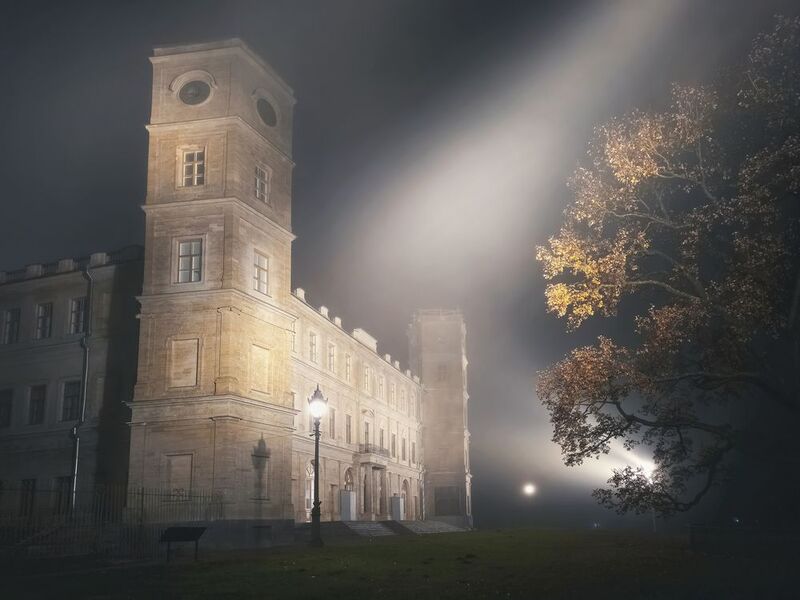 россия гатчина пригородыпетербурга парк осень туман дворцовыйпарк путешествия Большой Гатчинский дворец в октябре. фото превью