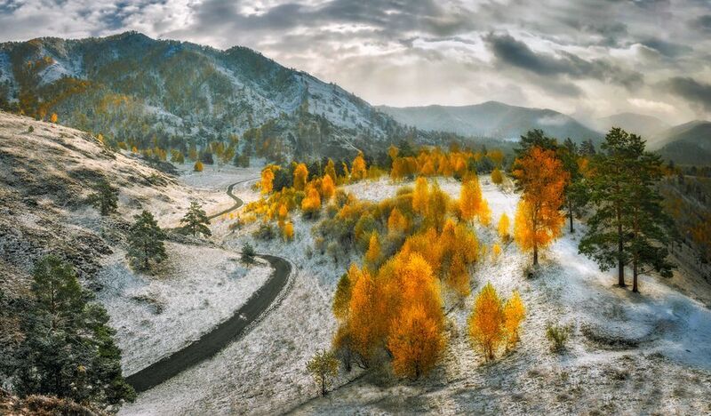 горный алтай,  чемальский район, сентябрь, туманное утро, горный склон, первый снег Прикосновение зимы..photo preview
