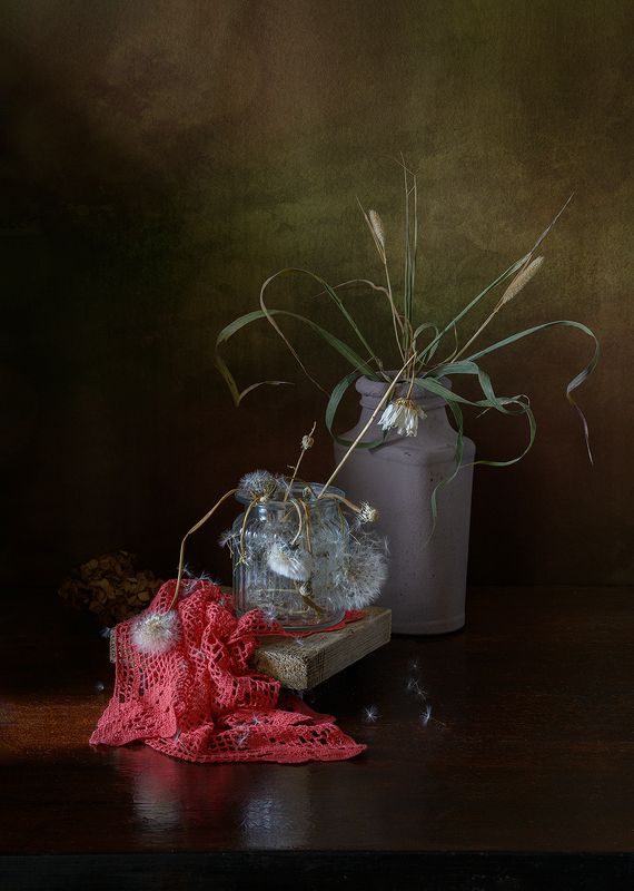 одуванчики, банка, салфетка, трава, ваза photo preview