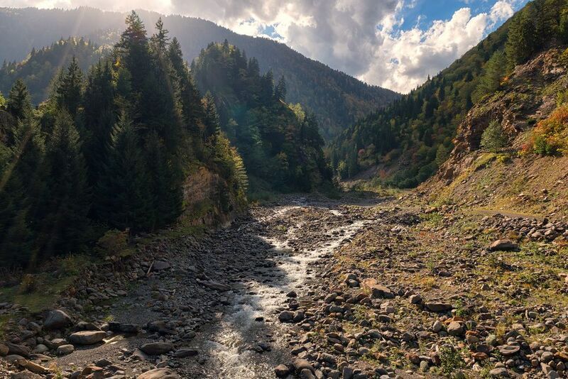 svaneti, devashi, river, fall, autumn, trees, mountains, rocks, sun, clouds, sky, nature, landscape, scenery, travel, outdoors, georgia, sakartvelo, chizh Devashi River In Autumnphoto preview