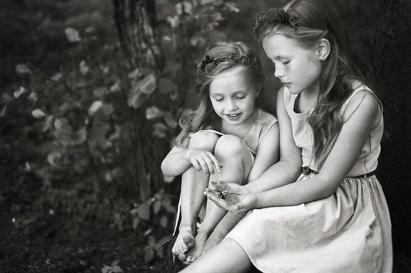 Дети, сестры, девочка, лес, сказка, лето, закат, солнце, венок, цветы, пень, шышка, ель, пара, Kids, sister, girl, forest, fairytale, summer, sunset, sun, wreath, flowers, stump, spruce, pair Сестрыphoto preview